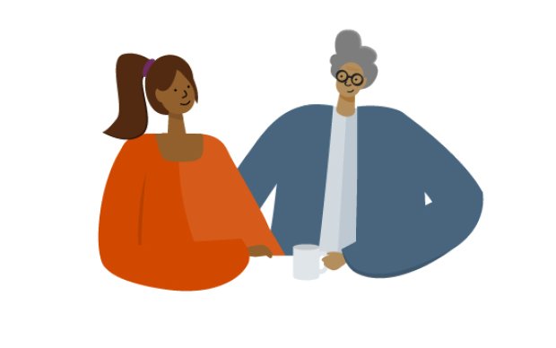 Illustration of two people talking over a cup of tea