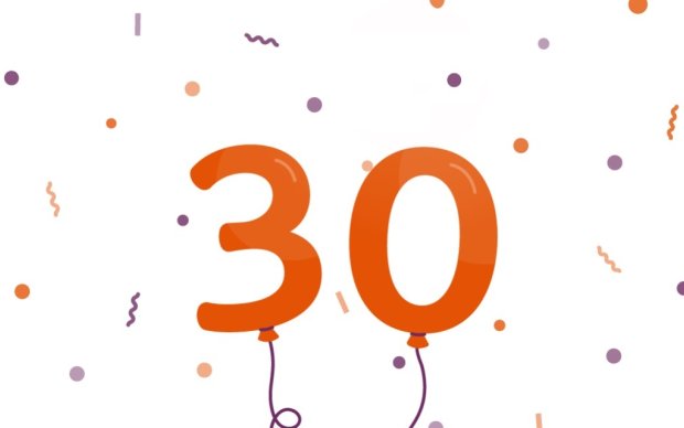 Graphic of birthday balloons in the shape of the number 30