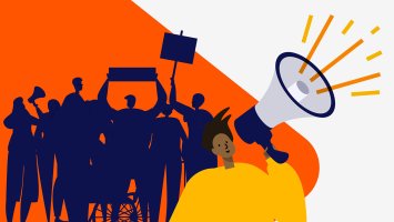 Illustration of a person dressed in yellow speaking through a megaphone. In the background is the silhouette of a group of protesters, one of whom is using a wheelchair.