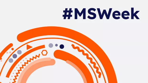 Orange and blue semi-circular design with slogan, #MSWeek