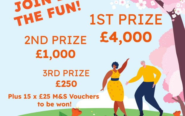 Graphic for spring raffle with prizes of £4,000, £1,000, £250 and 15 x £25 M&S vouchers to be won