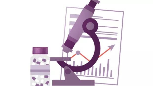 Illustration of medication bottle, microscope and graph moving in upwards direction.