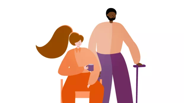 Illustration of seated person with other person using a stick stood next to them